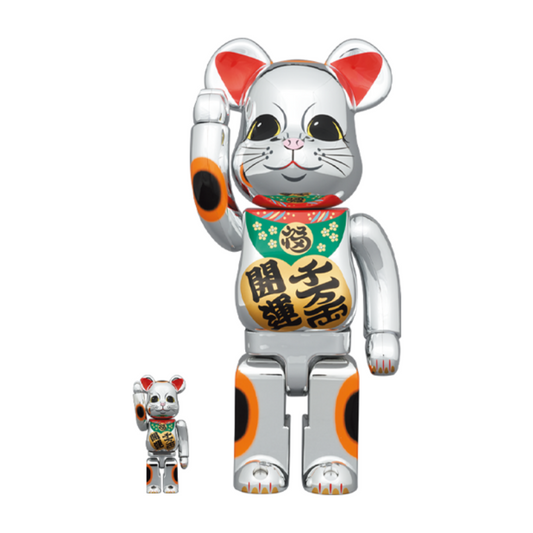 Bearbrick Manekineko Lucky Cat Silver 400% + 100%