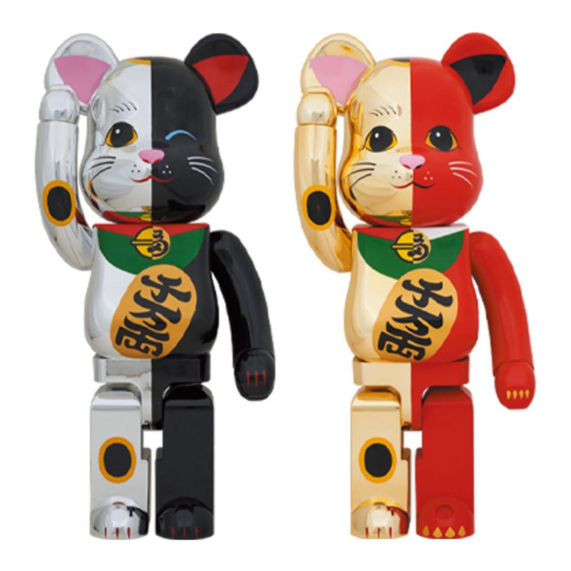 Bearbrick Manekineko Lucky Cat Silver Black & Gold Red 1000%